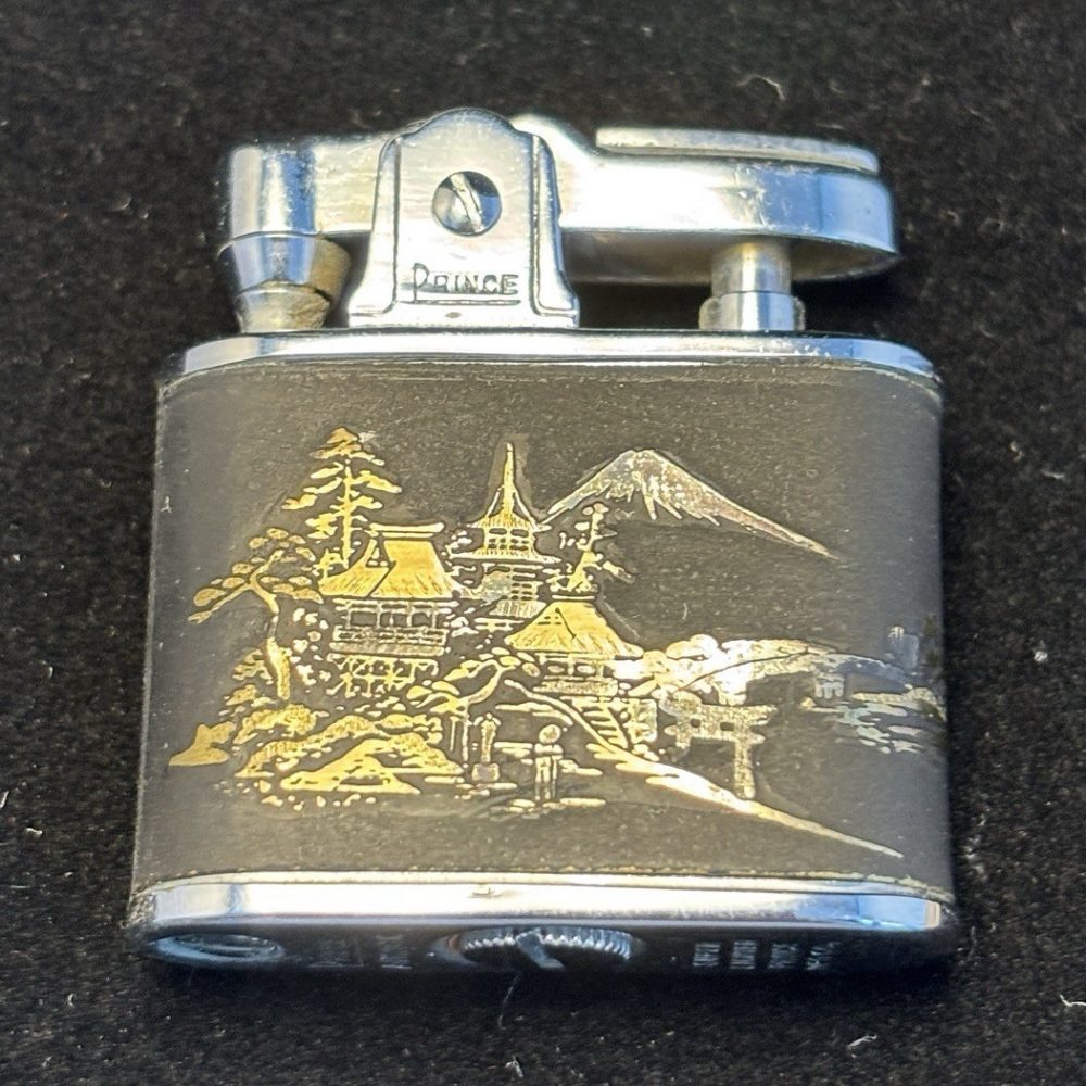 Vintage Prince Automatic Pocket Lighter Black Silver Gold w/ Scenic Design